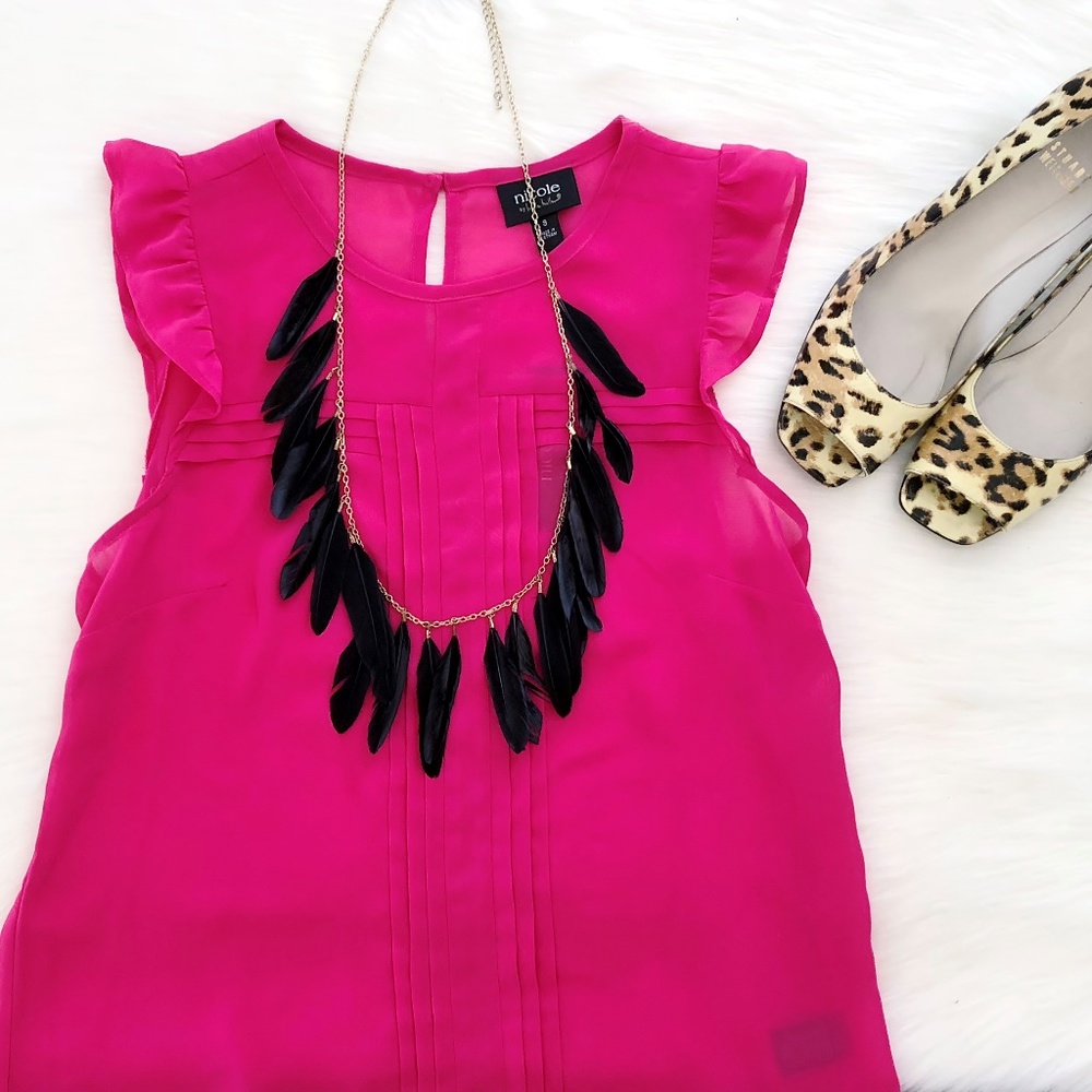 Hot Pink Nicole Miller Sheer Flutter Sleeve Top
